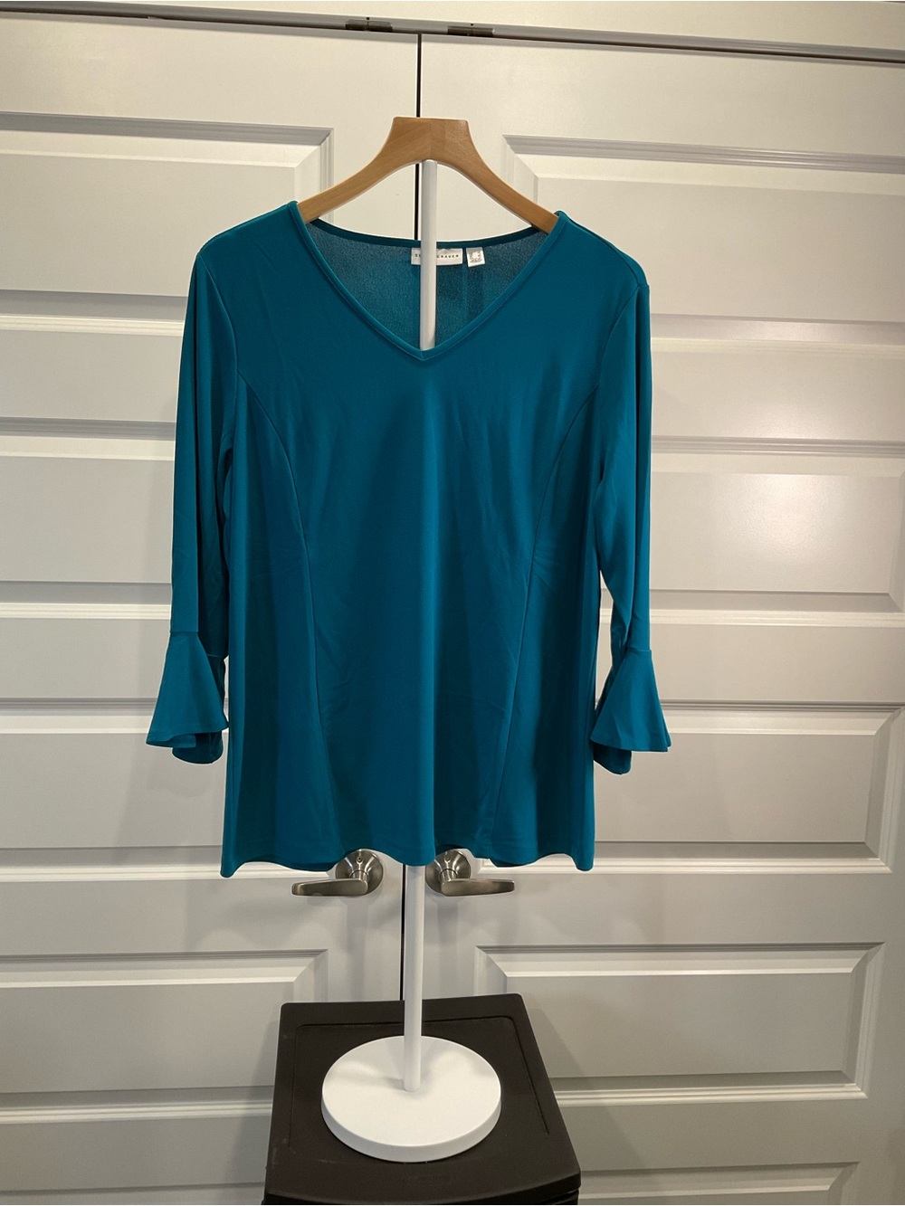 Susan Graver Teal V-Neck Long Sleeve Top with Flutter Cuffs